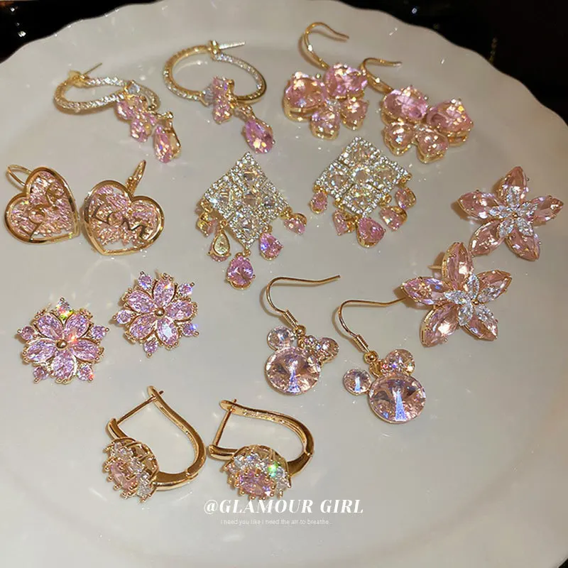 

Luxury Pink Zircon Crystal Pendant Earrings For Women Korean Fashion Flower Rhinestone Sexy Jewelry Female Wedding Accessories