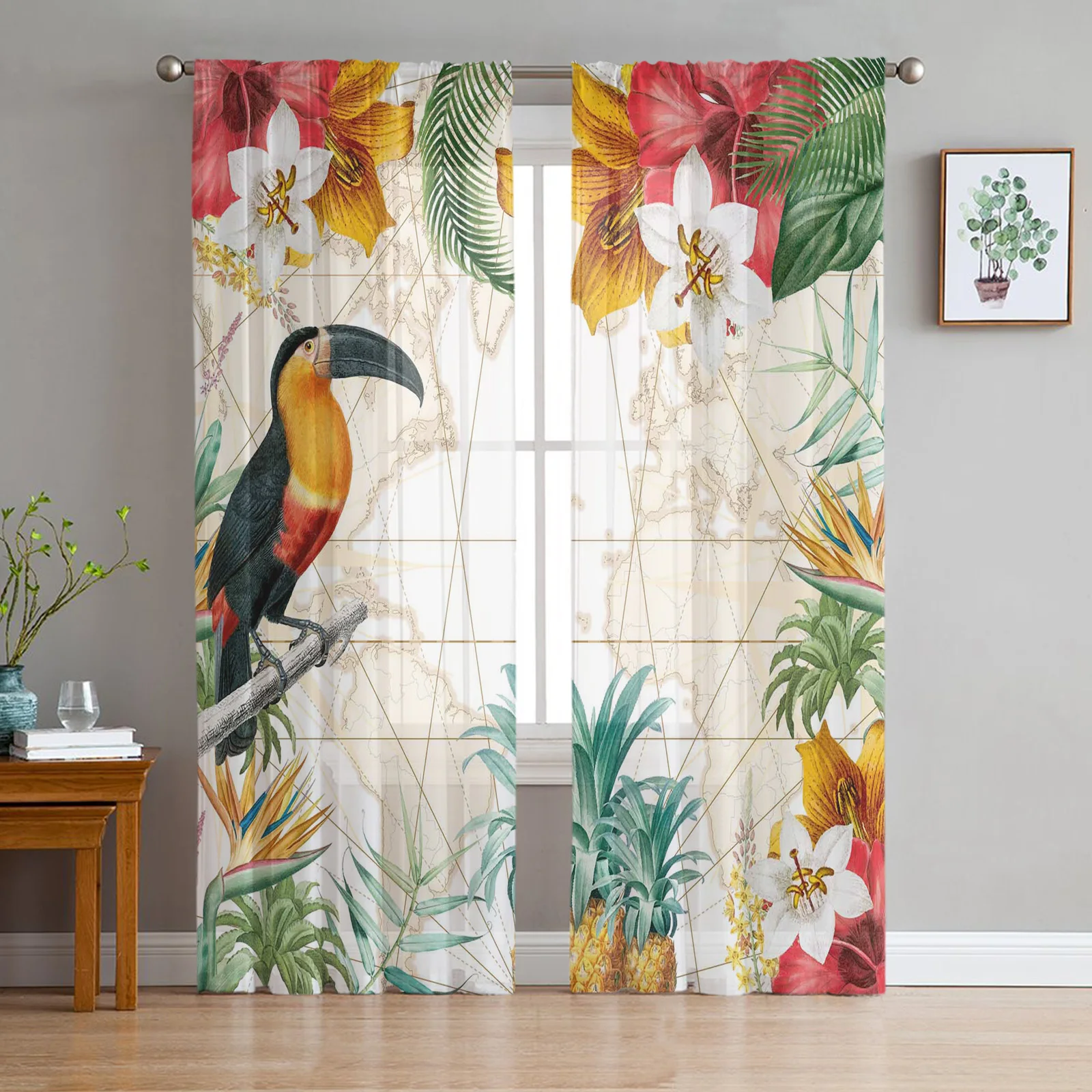 

Toucan Flower Fruit Tropical Pineapple Map Tulle Curtain For Living Room Bedroom Modern Sheer Curtains Decor Window Treatment