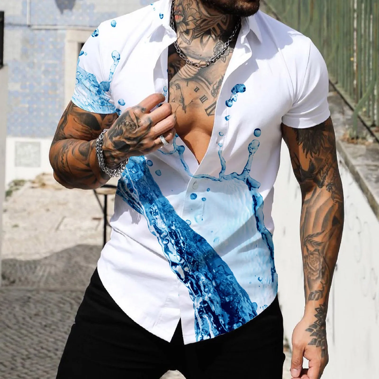 

Men Spring Summer Single Breasted Casual Lapel Full Print Beach Short Sleeve Vacation Outdoor Mens Flannel Shirts Long Sleeve