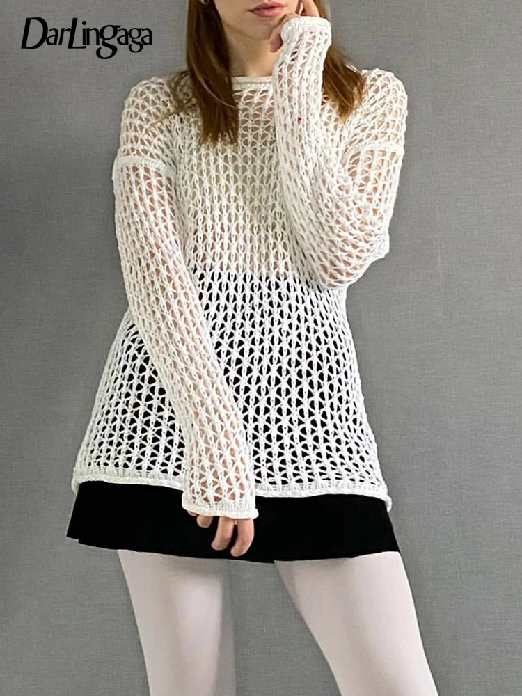 

Darlingaga Casual Loose White Knitted Crochet Smock Top Beach Holidays Pullover Chic Hollow Out Sun-Protection Sweaters Knitwear