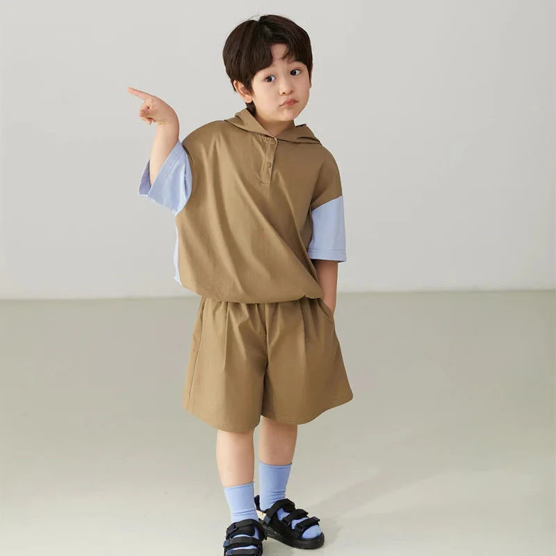 

Boys' summer suit 2022 new boys' foreign style color contrast short sleeve summer children's two piece suit fashion