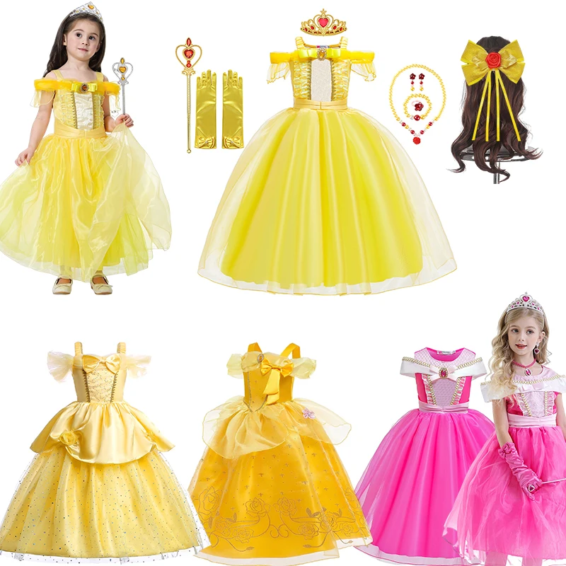 

Disney Girls Belle Princess Dresses Kids Cosplay Aurora Costume Beauty and the Beast Off Shoulder Clothes Birthday Party Gift