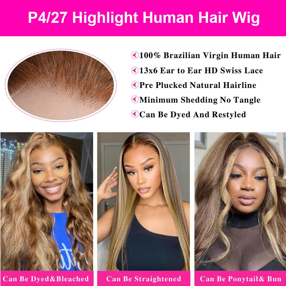Фото 200% Highlight 4/27 Kinky Straight 13x6 HD Парик из натуральных волос на кружеве спереди Индийские яки Прямые коричневые блондинки Парики Remy цвета фортепиано №5