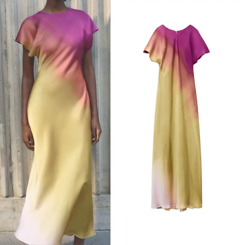 

Women Fashion Tie-Dyed Long Dresses Elegant Sleeveless Folds High Street Outwear