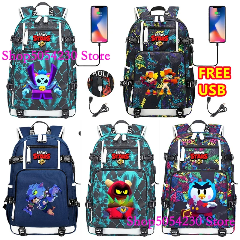 Фото Рюкзак Teen Travelers Brawl Stars Leon Mr.P с принтом, легкий, с USB-портом для зарядки и боковым карманом для бутылки с водой №4