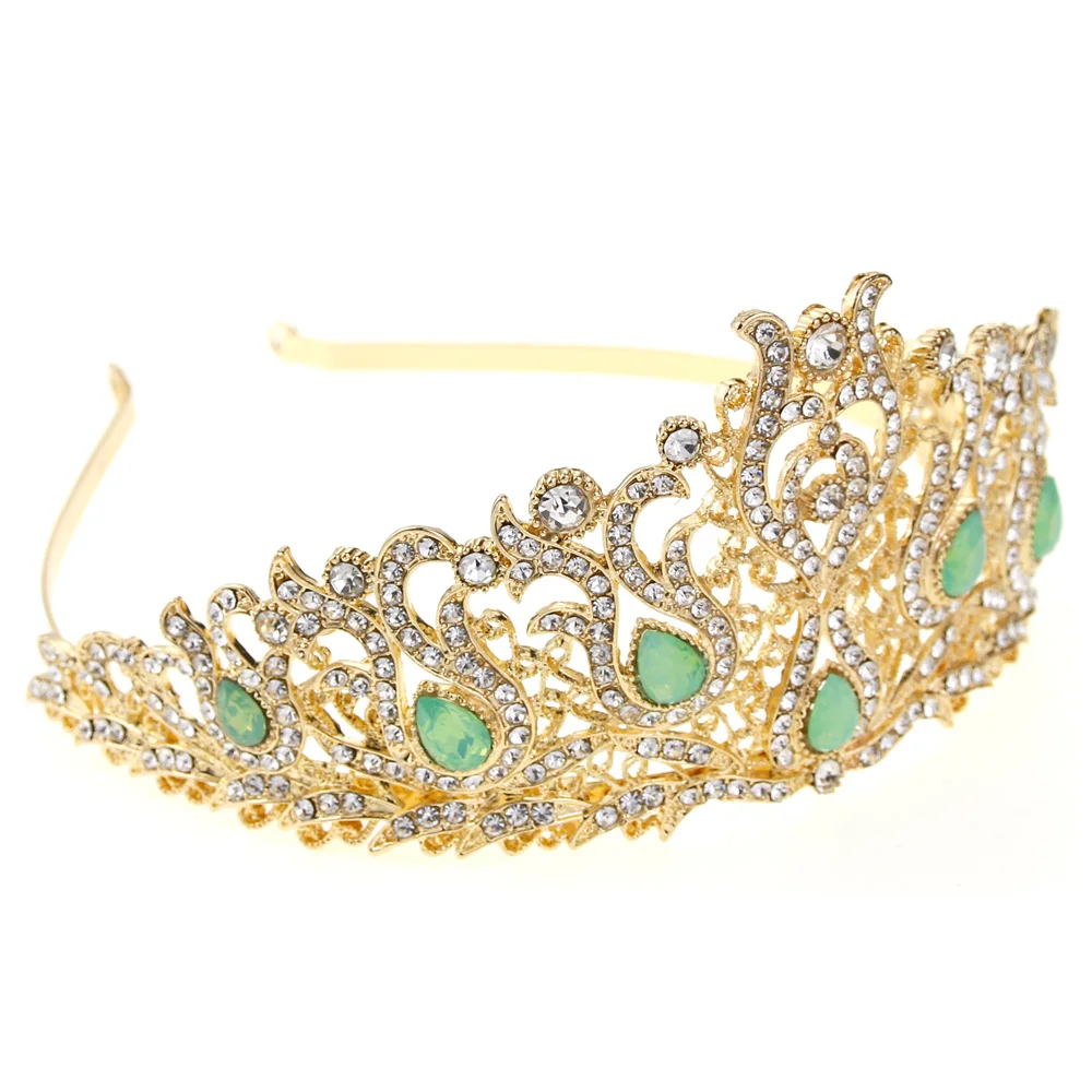 Sunspicems New Arabic Hair Jewelry Women Tiaras Morocco Algeria Crown Bride Wedding Headband Gold Color Mint Green Headwear Gift