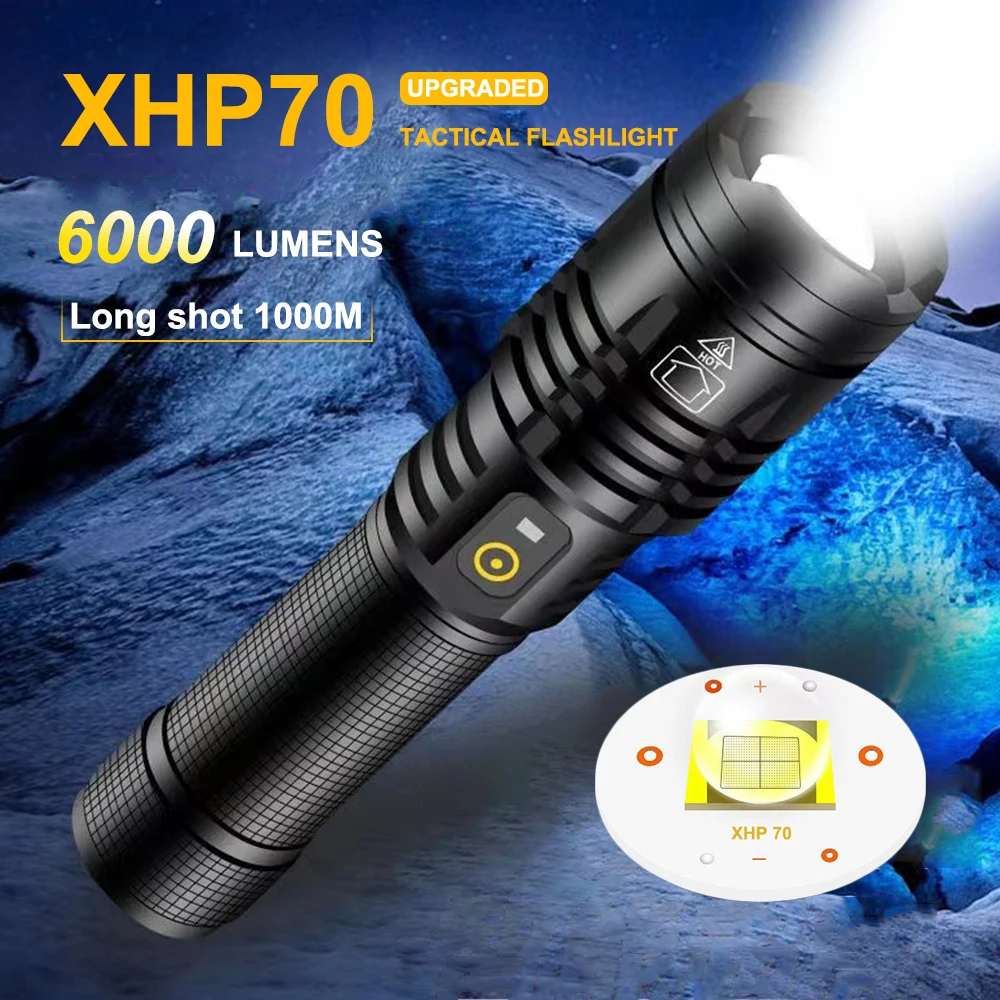 Flashlight High Lumens USB Rechargeable XHP70 Zoomable Super Bright LED Tactical Light Torch Lantern Outdoor Camping Emergency