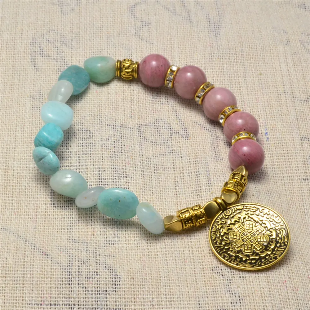 

Natural Blue Amazonite Gravel Jiugong Bagua Amulet Buddha Mala Bracelet Pink Rhodonite Healing Bracelets for Men and Women