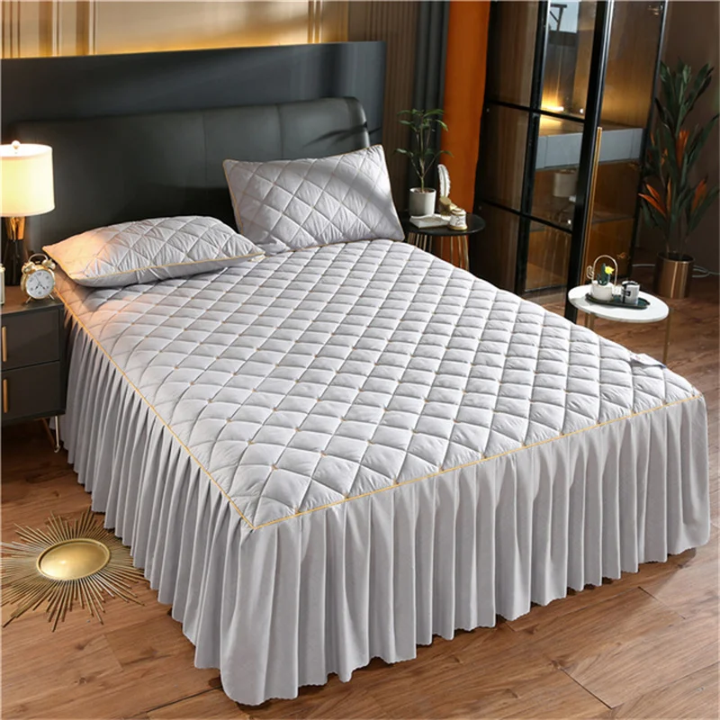 

Luxury Thicken Pink Quilted Bed Spread Queen Size Nordic High Quality Pleated Edge Bedspread on The Bed Embroidery Bedspreads