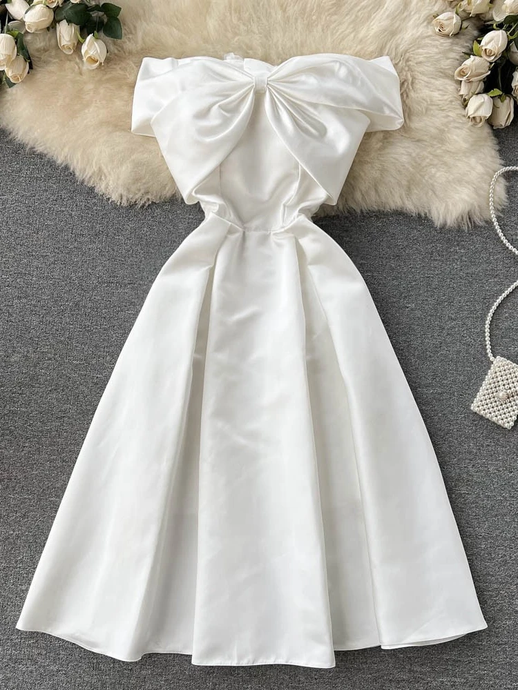 

White Dress Women Bow Tie French Dress Women Usually Wear Fairy Dress Bow Off Shoulder Collar Tube Top Long Dress Boho Dress