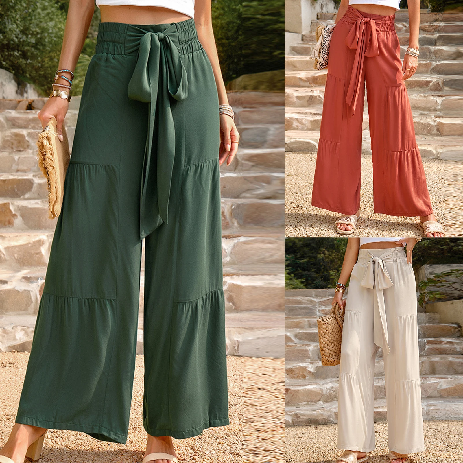 

Женские плиссированные брюки оверсайз с широкими штанинами, эластичные однотонные модные повседневные Прямые брюки со шнуровкой и высокой талией