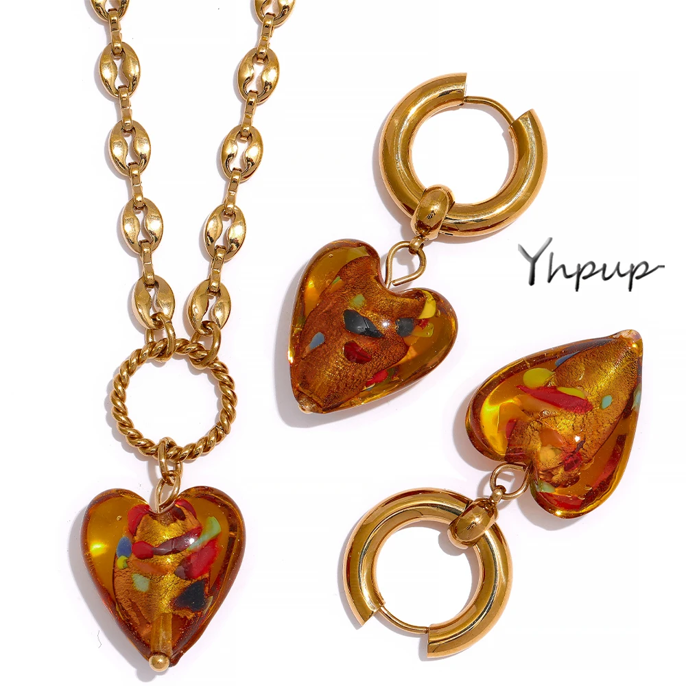 Цветное глазурованное сердце Yhpup ожерелье из нержавеющей стали серьги
