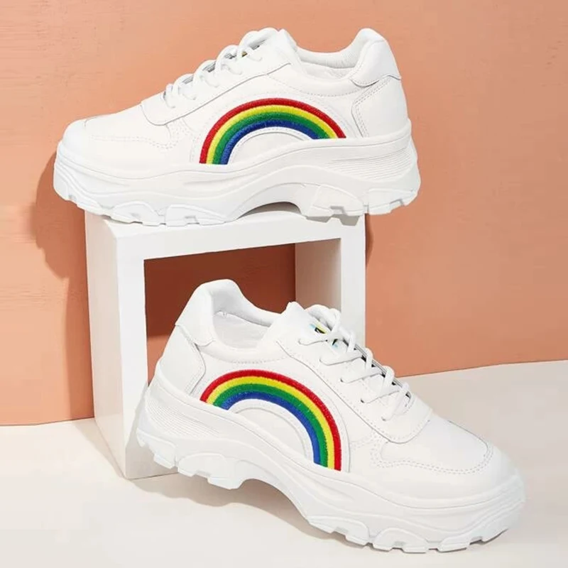 

Rainbow Pattern Design Women Platform Sneakers 2022 Fashion DaD Shoes White Large Size Lace-up Thick Bottom Casual Woman Shoes