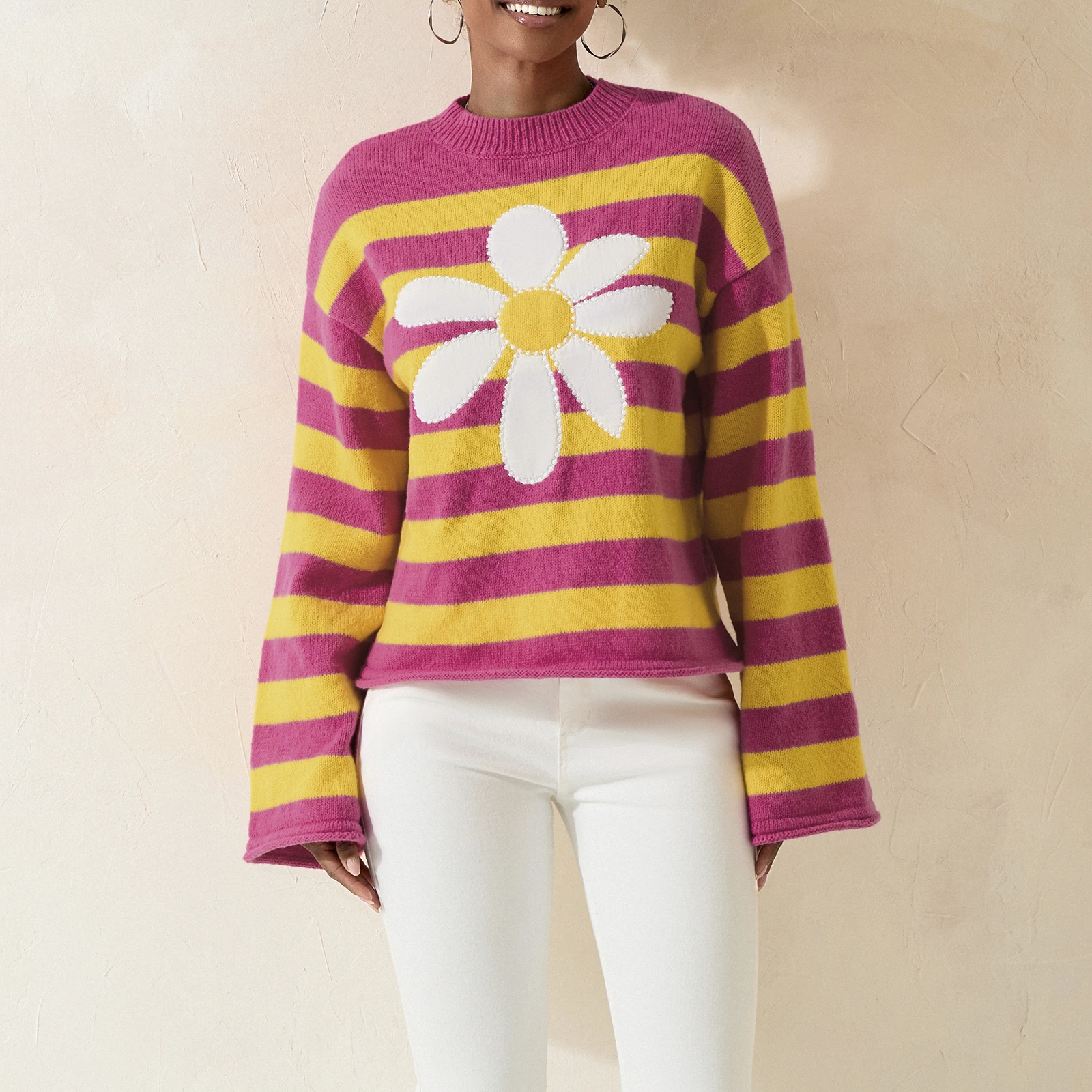 Женский осенний полосатый свитер с цветочным узором свободные вязаные топы