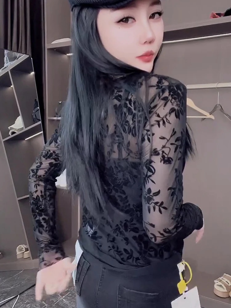 Осень 2024 новая тонкая сексуальная кружевная рубашка с длинными рукавами женская