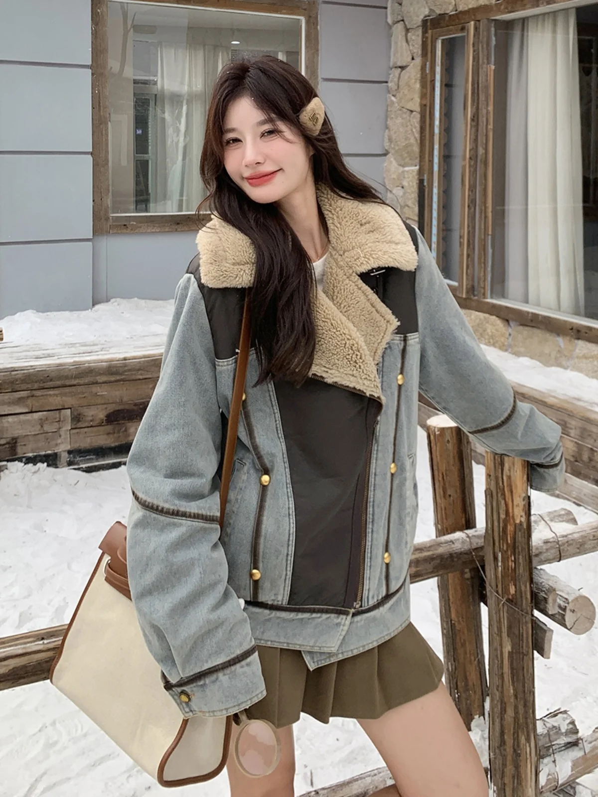 Джинсовое пальто из овечьей шерсти контрастного цвета в стиле пэчворк женское