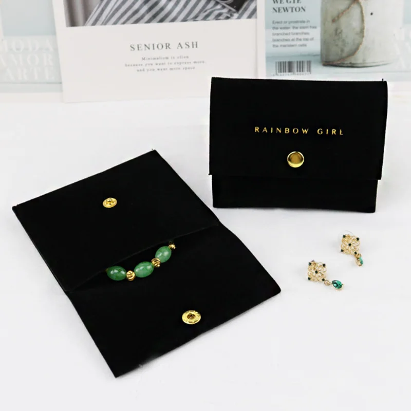 

Black Velvet Envelope Bags with Button 10x8cm Custom Logo Flip Flannel Gift Sack Earring Ring Bangle Jewelry Pouches