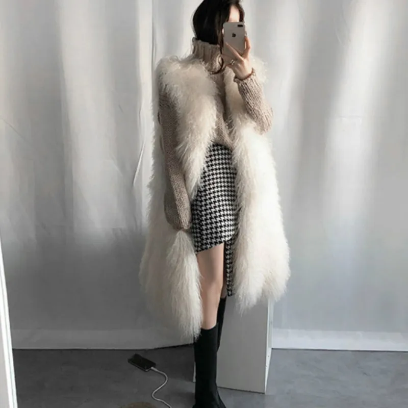 Chic Faux Fox Fur Vest Coat White Winter Women Casual Slim Sleeveless Jacket Imitation Mink Fur Tank Long Hair Shaggy Cardigan