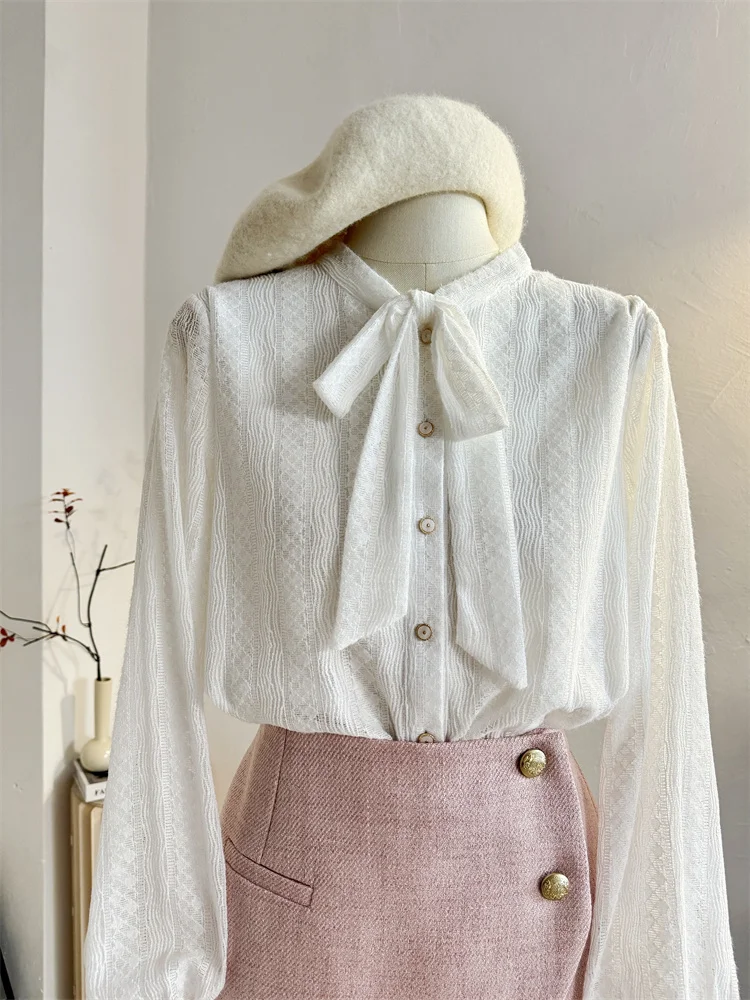 Кружевная рубашка с бантом на шнуровке Рубашки длинными рукавами Женские