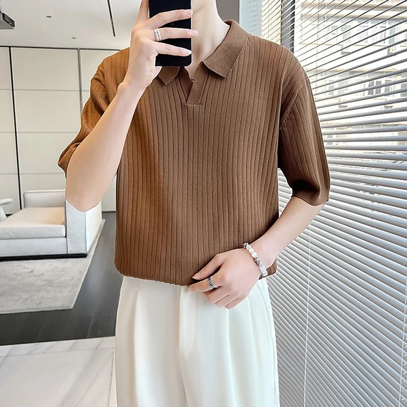

High End Turn Down Neck Men Shirt Short Sleeve Polo Shirt Knit Texture Summer Leisure Business Polo Shirt High Quantity T18