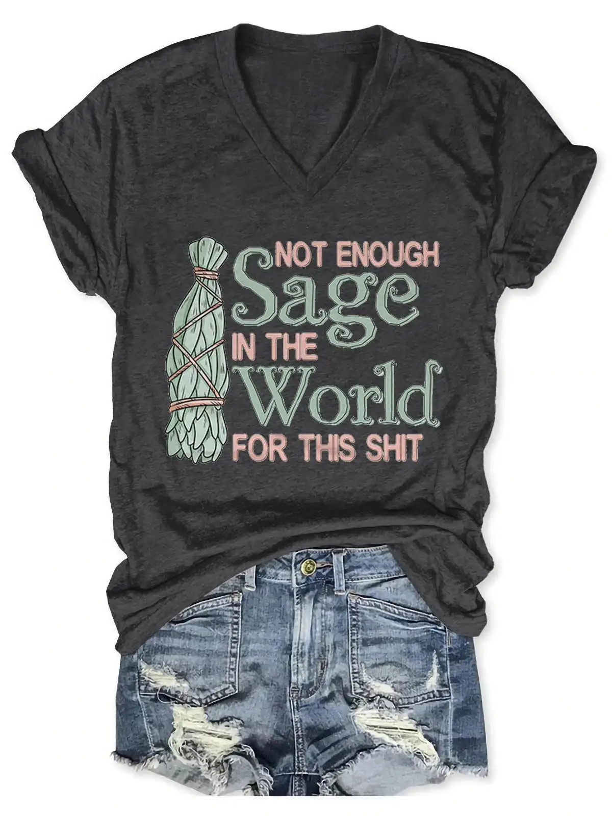 Lovessales Womens Not Enough Sage In The World V-Neck Short Sleeve 100% Cotton T-shirt