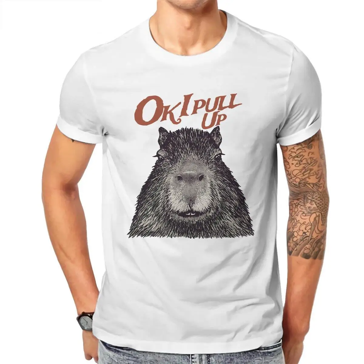 Capybara Ok I Pull Up  Men's T Shirt  Unique Tees Short Sleeve O Neck T-Shirt Cotton Big Size Clothes