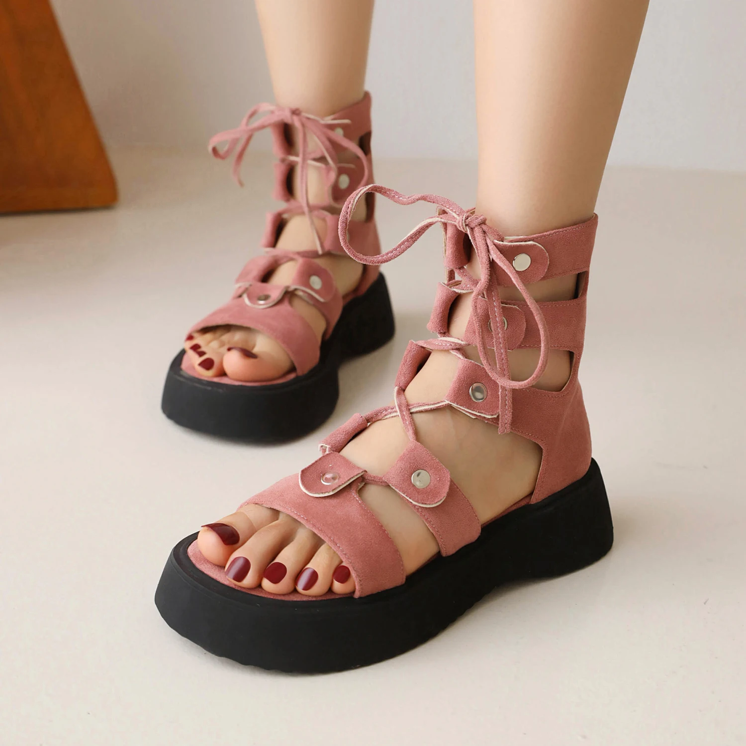 Beach Gladoator Sandals Women Flat with Med Heels Shoes Flock Wedges Pink Beige Black Cross Bandage Platform Flats Size 35-46