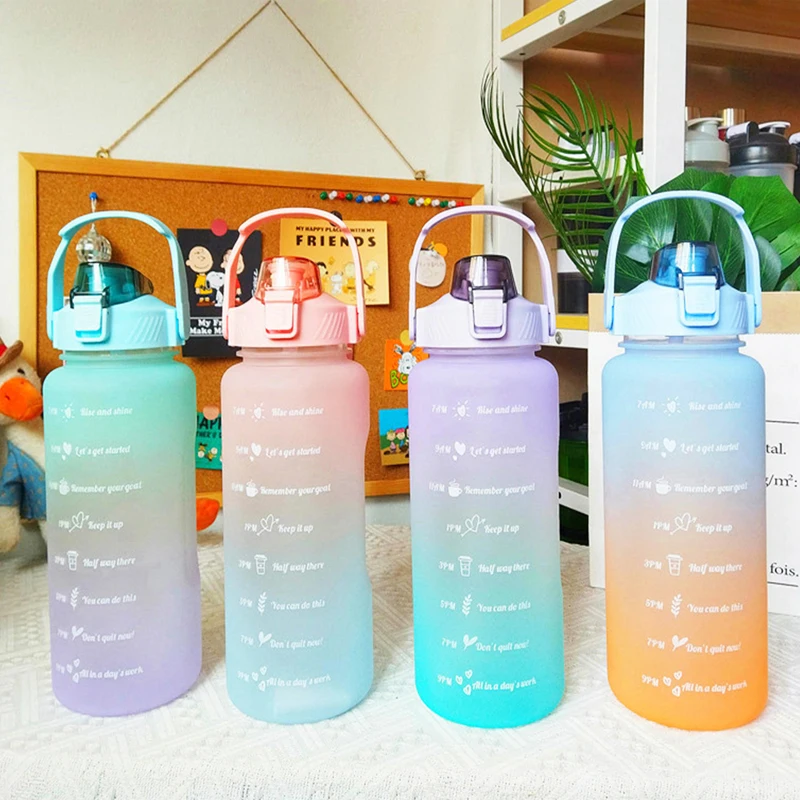 

2L Large Capacity Water Bottle Straw Cup With Time Marker Scale Frosted Plastic Water Cup Outdoor Sports Leakproof Water Bottle