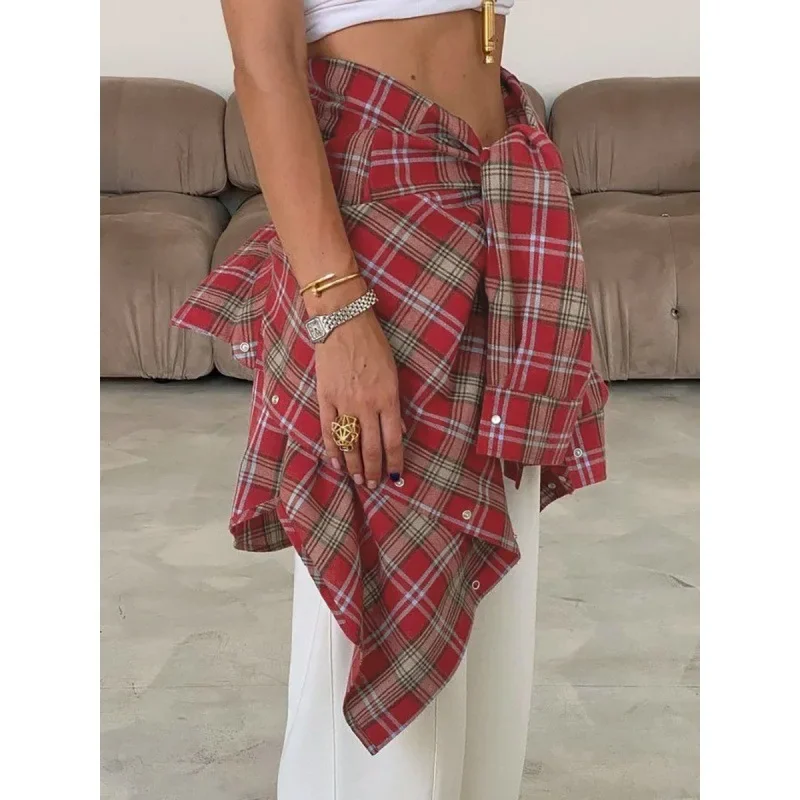 Винтажная клетчатая рубашка с длинными рукавами и лацканами женская весна 2024