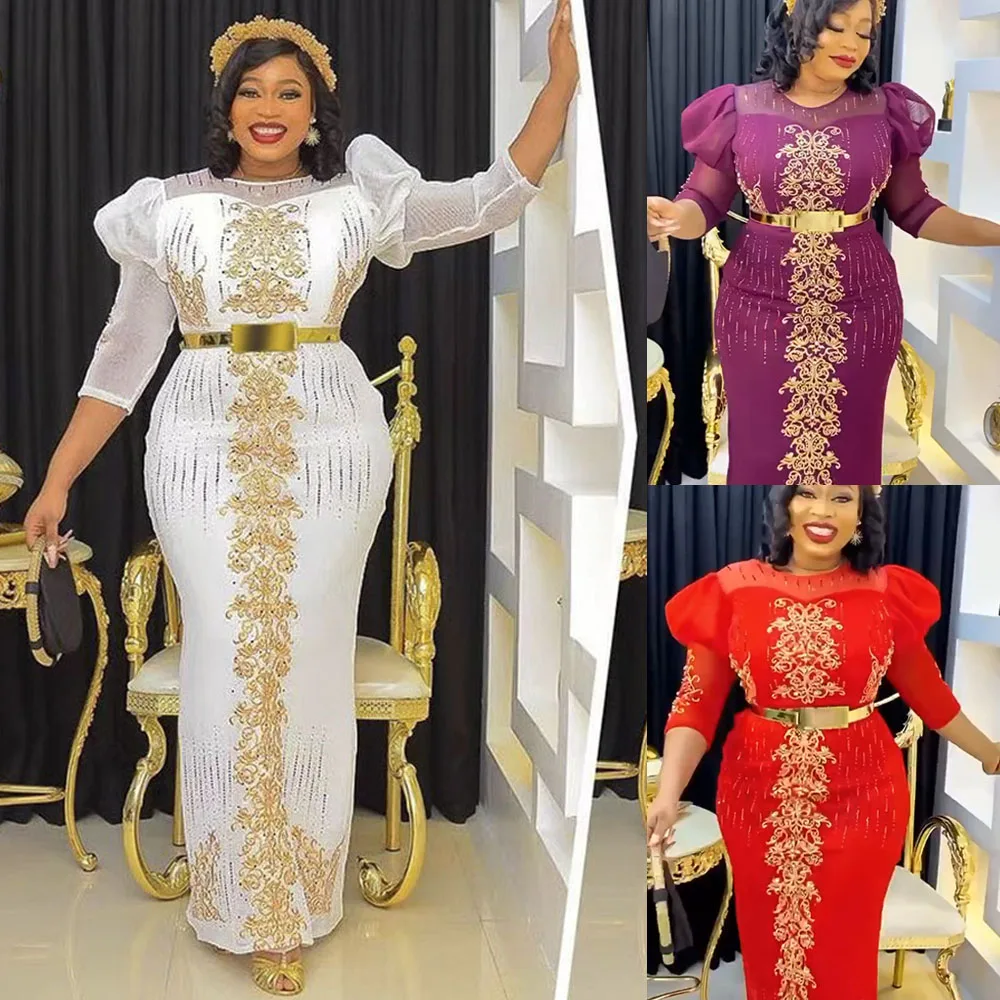 

African Dresses for Women Christmas Diamonds Evening Gown Embroidered Formal Fashion Dashiki Ankara Wedding Dress Muslim Abaya