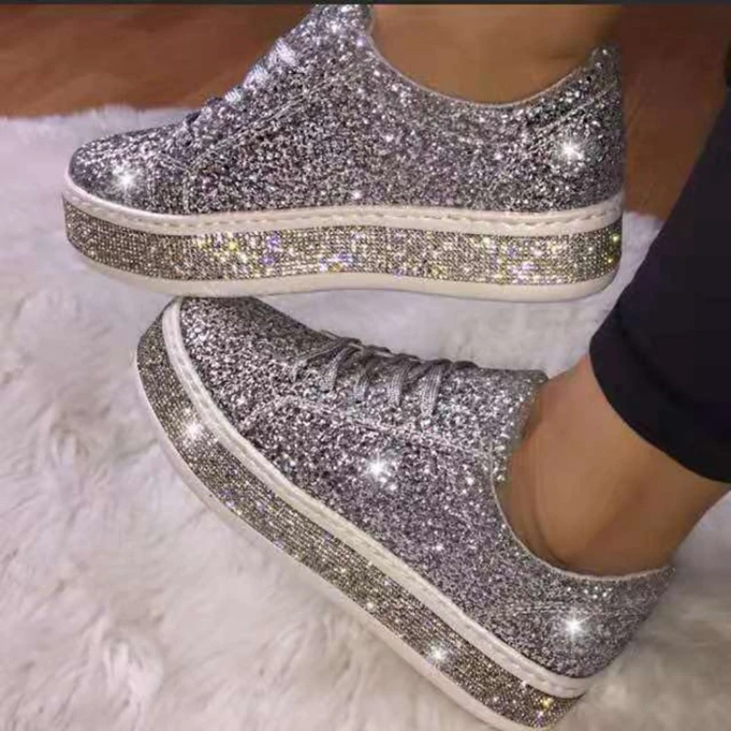 

Women's Sequins Sneakers Korean Style Lace Up Large Size Flat Shoes Thick Bottom Anti-slip Casual Trainers Chaussure Femmes