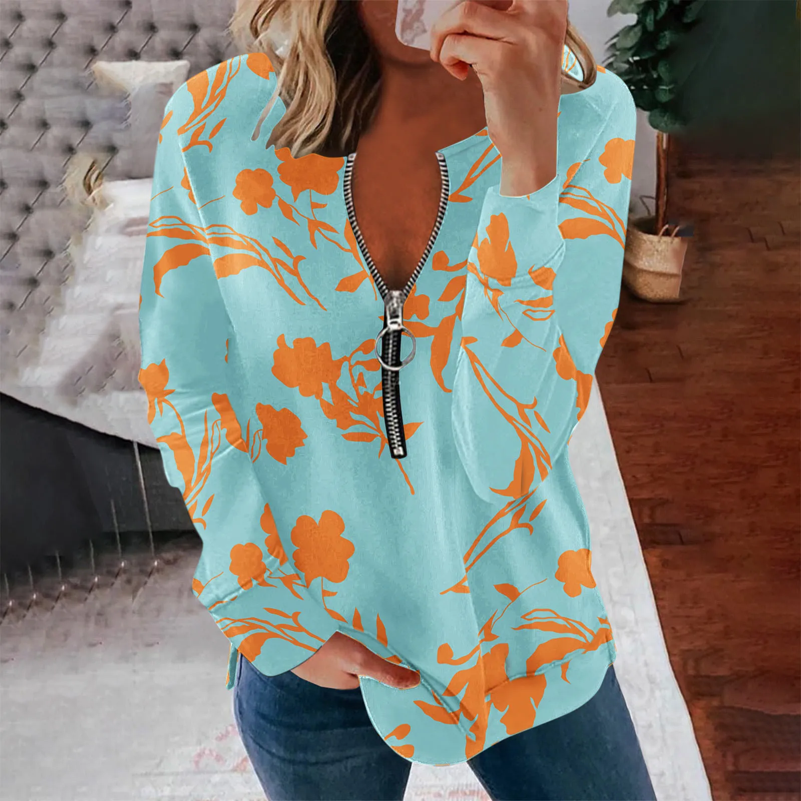 

Женская модная Повседневная Длинная толстая рубашка на молнии с цветочным принтом, футболки для тренировок, водолазка с длинным рукавом, же...