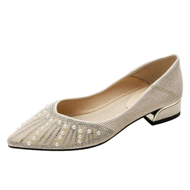 Pearl Decorateion Korean Shoes Soft Shallow Mouth Large Size Women Casual Female Sneakers Pointed Toe Low Heels Crystal Flats Be