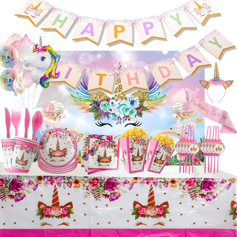 

Rainbow Unicorn Birthday Supplies Set Unicorn Balloons Cups Plates Napkin Birthday party decorations Kid