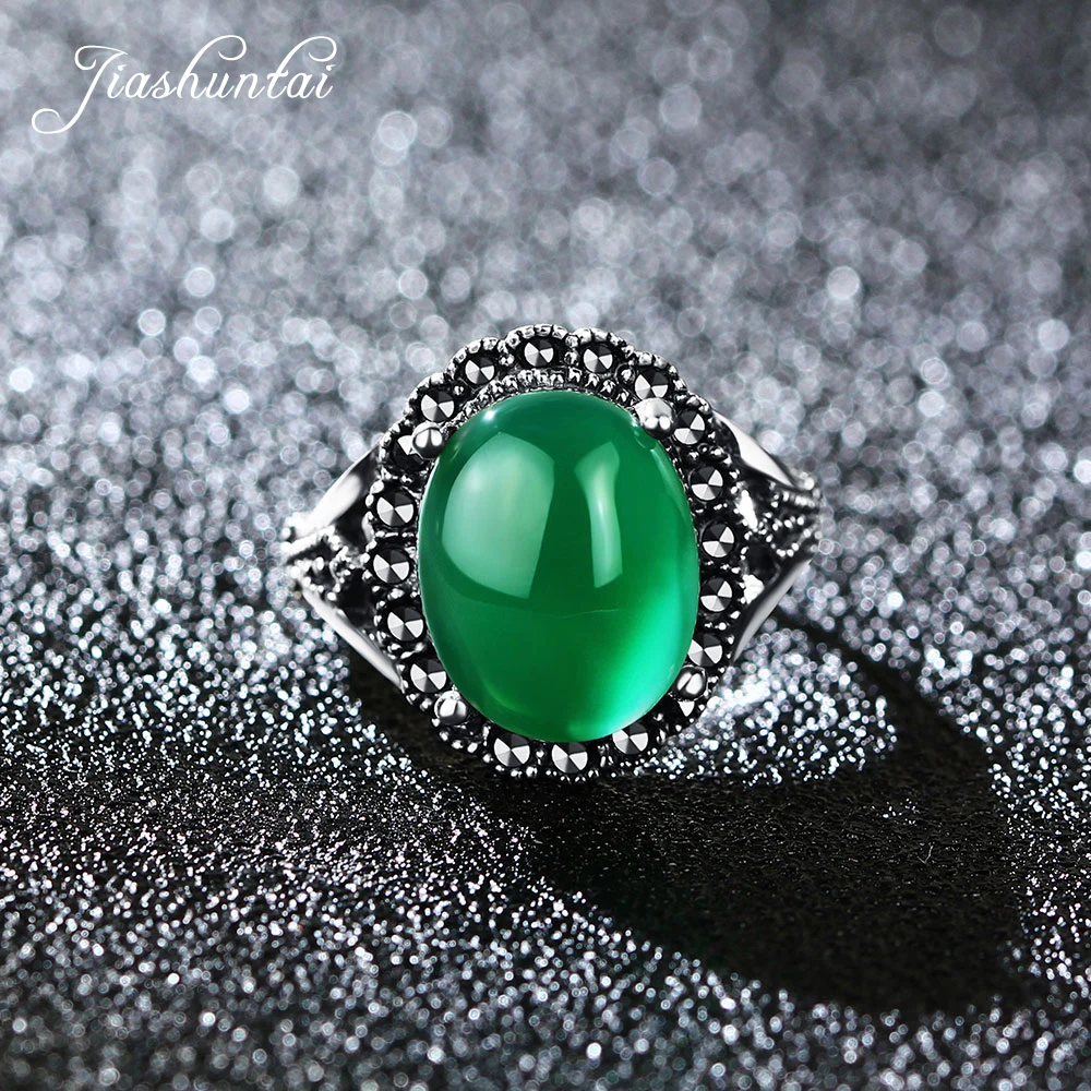 

ZHJIASHUN Retro Natural 100% 925 Sterling Silver Finger Rings For Women Round Vintage Thai Silver Jewelry Green Stone Female