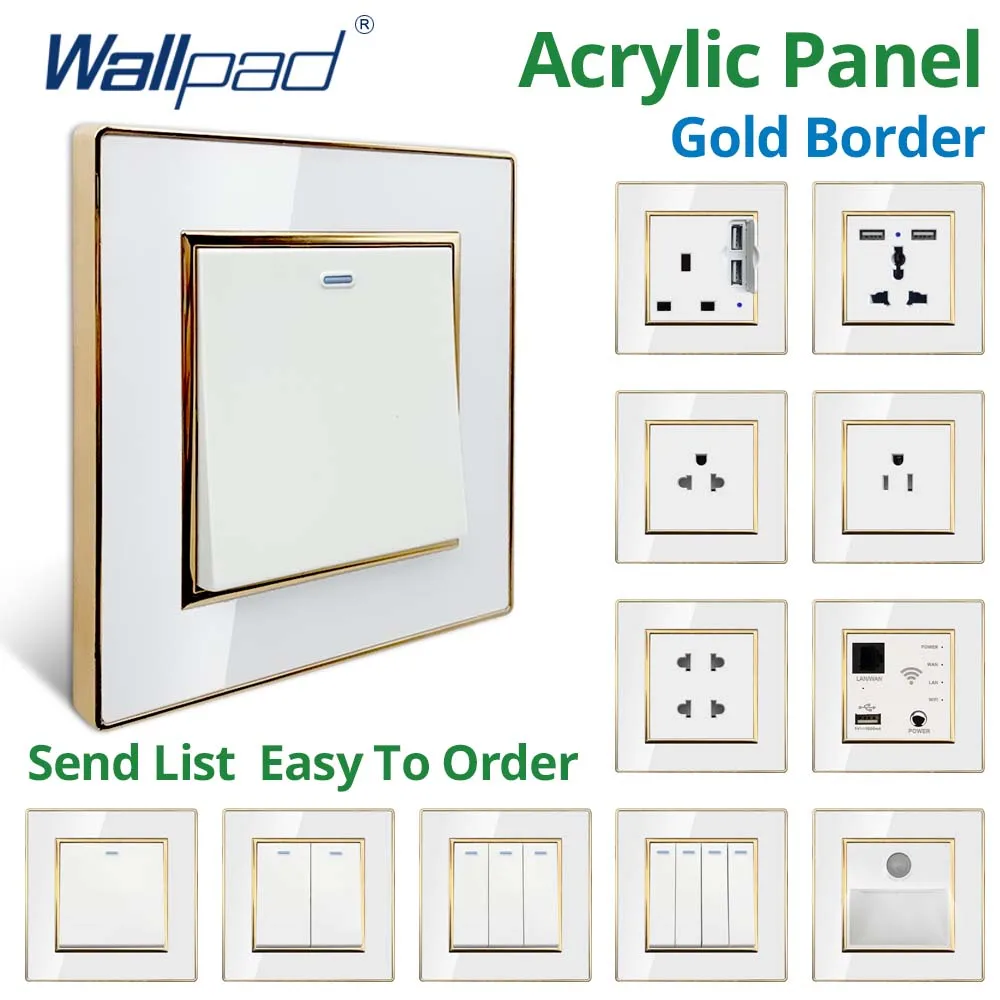 

Wallpad US UK Sockets And Switches 220V White Acrylic Panel With Gold Edge USB Charge Port Outlet 1 2 3 4 Gang 2 Way Reset 3 Way