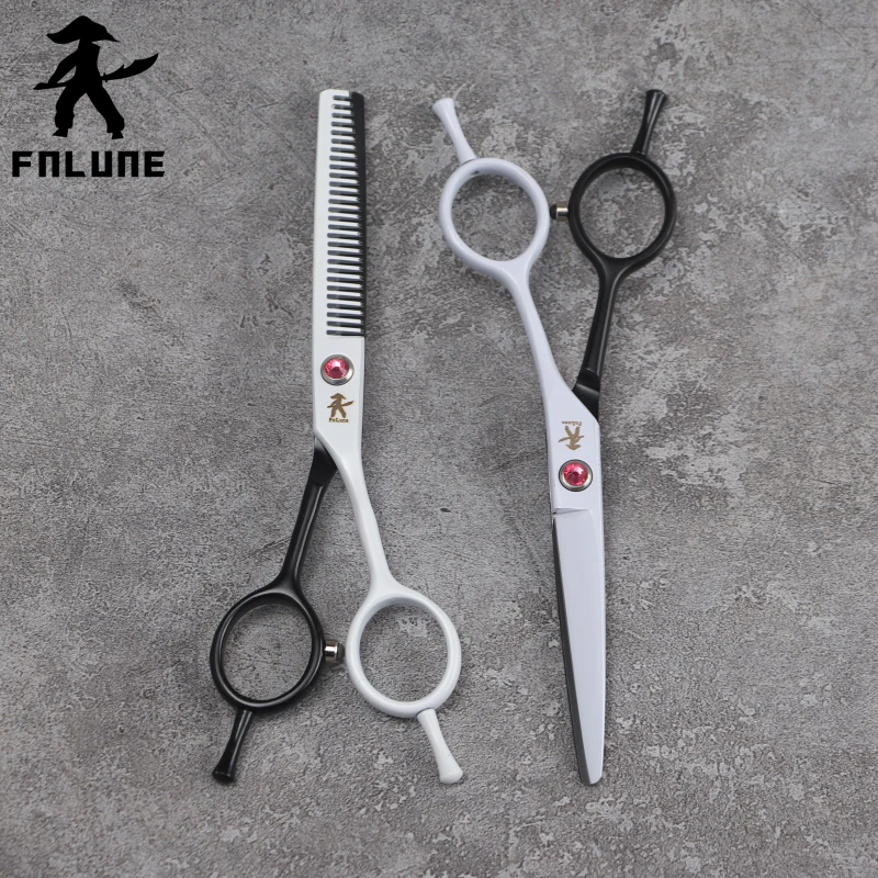 Tesouras do Salão de Beleza do Cabelo Acessórios de Corte Fnlune Preto Branco Profissional Corte Barbeiro Tesoura Ferramenta Cabeleireiro 5.5