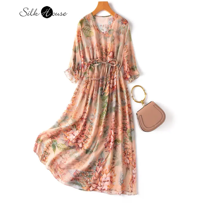 

Elegant Semi-perspective 100% Natural Mulberry Silk V-neck Waist Drawstring Loose Dress Silk Georgette Dress