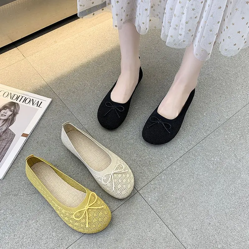 Yellow Knitted Loafers Women's Summer Breathable Flats Woman Slip On Shoes Ultra Light Moccasins Ladies Shallow Shoes With Lace