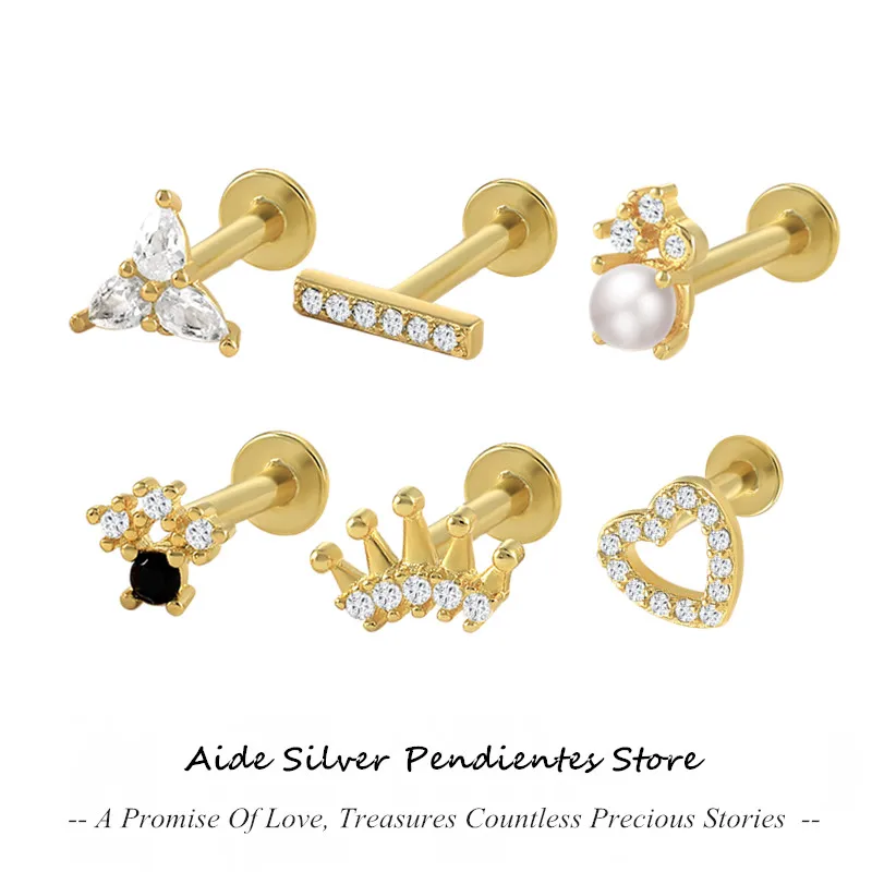 

AIDE 925 Sterling Silver 16G Labret Thread Ear Piercing Geometric Love Heart Zircon Pearl Wedding Stud Earrings For Women Girl