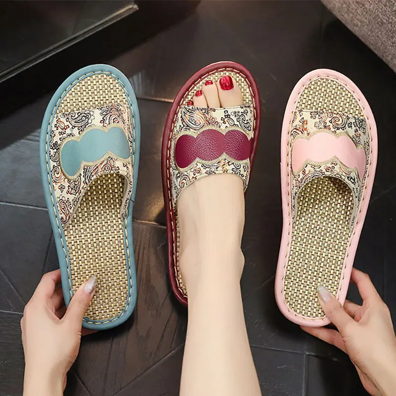 Mntrerm Summer Genuine Leather Linen Couple Home Slippers Indoor Anti Slip Soft Cowhide Slippers For Women Cool Slippers For Men