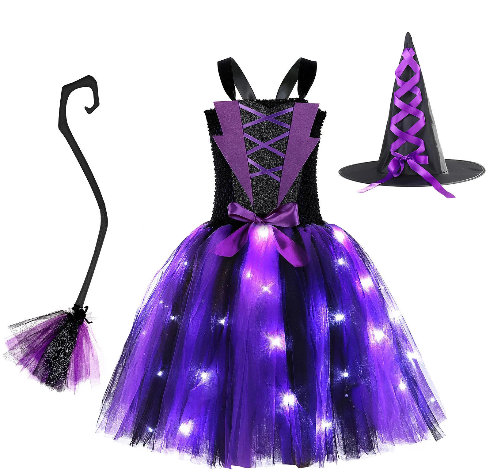 

Halloween Evil Witch Dress Flashing Light Pettiskirt Children's Cos Stage Performance Set Send Witch Hat Sweep