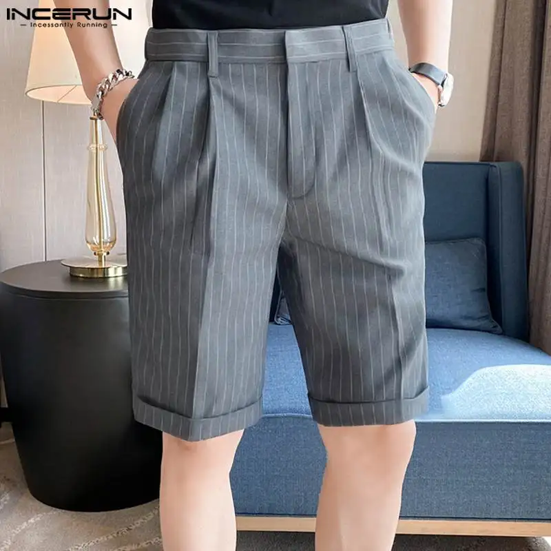 

INCERUN 2023 Korean Style Mens Striped Business All-match Shorts Casual Fashionable Male Hot Selling Straight Split Shorts S-5XL