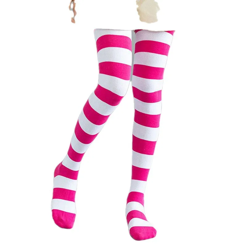Women Girls Over Knee Long Stripe Printed Thigh High Striped Cotton Socks 8 Colors Sweet Cute Plus Size Overknee Socks