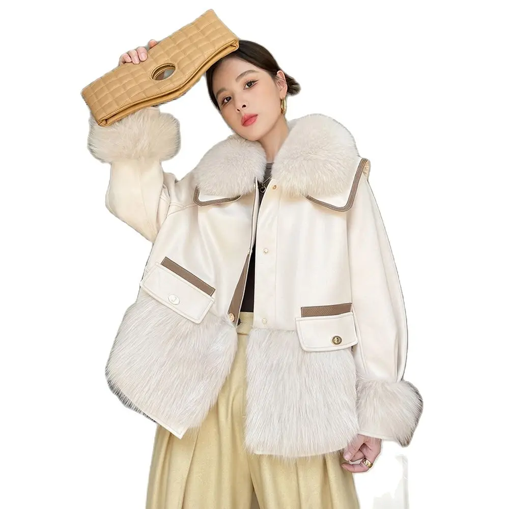 New Women Real Fur Coat Autumn Winter Fashion Casual Thick Warm Fox Fur Collar Double-faced Fur Suede Jacket Loose Outerwear