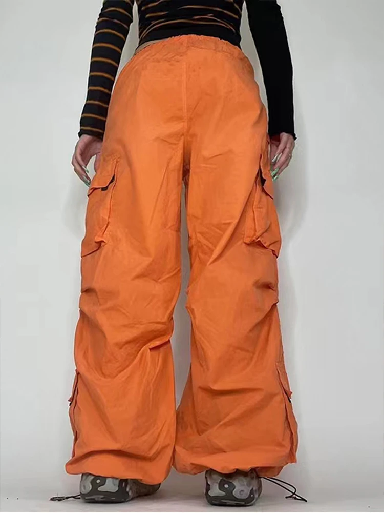 

Black Orange Streetwear High Waist Baggy Sweatpant Woman Fashion Side Pockets Wide Leg Pant Casual Girls Floor Length Trousers