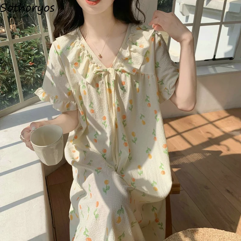 

Nightgowns Women Simple Bandage Summer Japan Style Design Fashion Sweet Girls Loose Homewear Leisure V-neck All-match Daily New