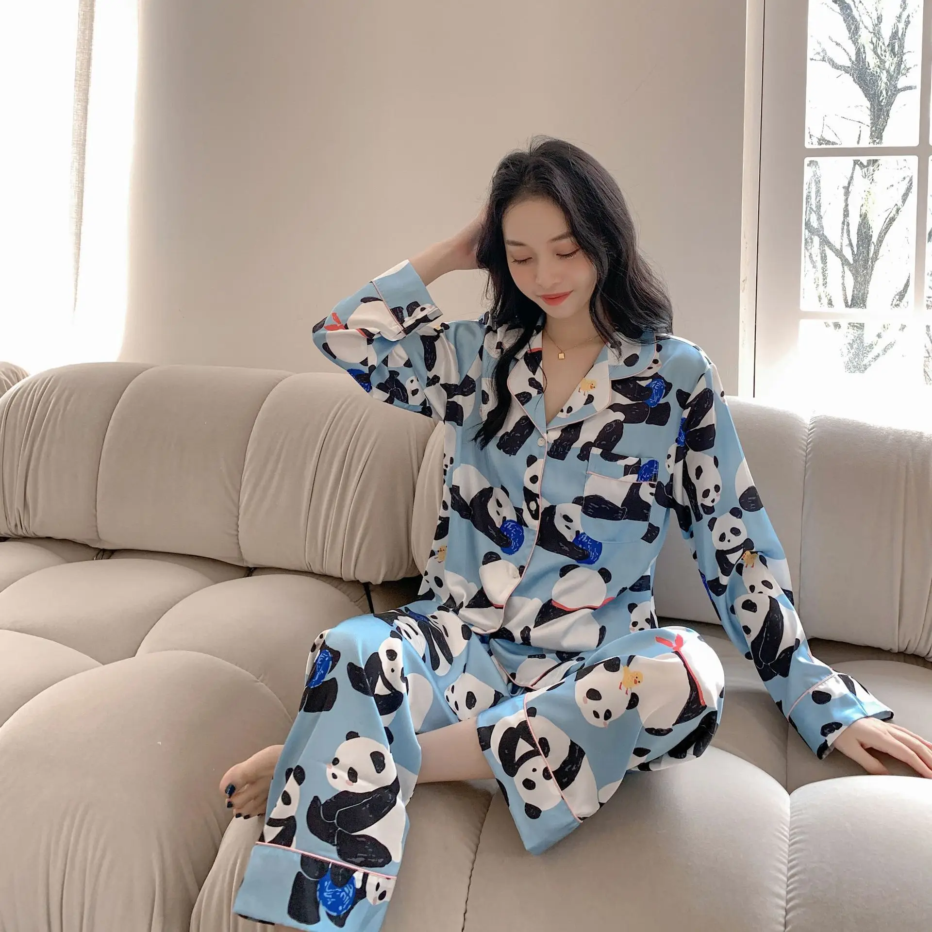 

Sexy Ice Silk Cartoon Panda Printed Blue Satin 2Pcs Pajama Summer Women Long Sleeve Shirt Pants Two-Piece Homewear Nightwear