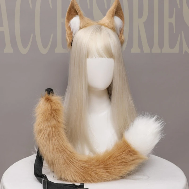

H9ED Cosplay Furry Animal Ears Hair Hoop Tail Set Lolita Costume Long Fur Headpiece for Halloween Party Decor Supplies