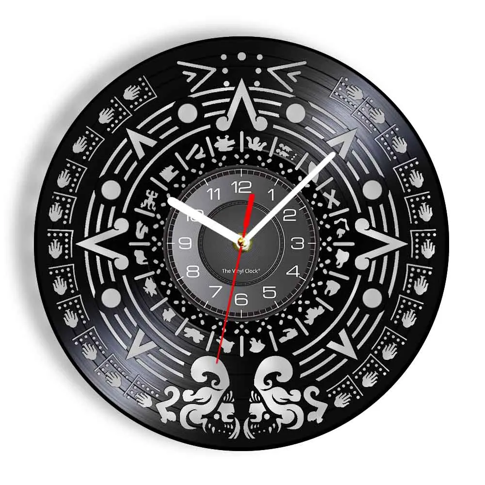Aztec Calendar Vinyl Record Wall Clock For Living Room Calendario Azteca Maya Ornament Mexican Jaguar Warrior Retro Wall Clock